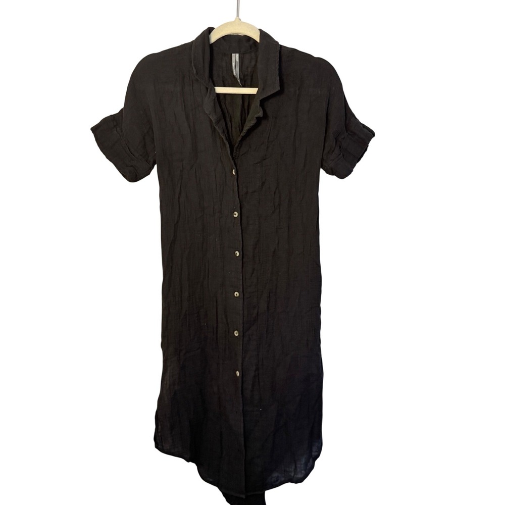 Anthropologie Lucia Sheer Black Midi Dress Cover Up Button Front Cotton SZ XS